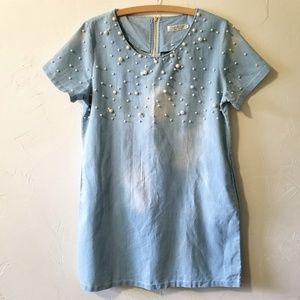 Short Sleeve Denim Chambray Pearl Detail Dress